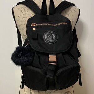 Kipling Drawstring Backpack in Rose Black w/Pom Pom Monkey Key Ring